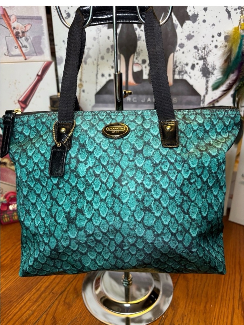 Coach Teal Snake-Print Tote with COA